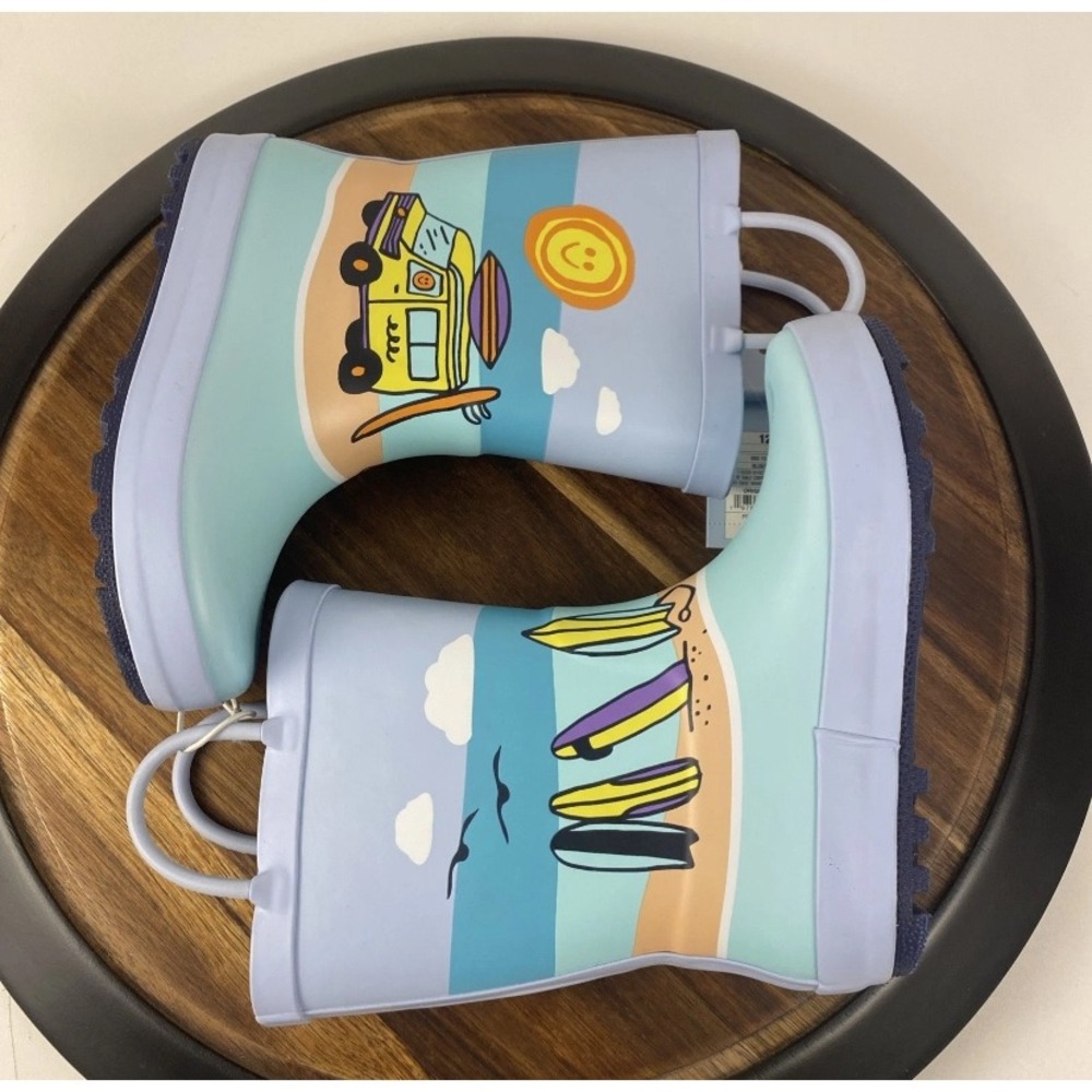 NWT Cat & Jack Evan Rain Boots Kids 12 Blue Beach Surf Scene Waterproof Pull On